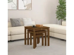 Mesas apilables 3 piezas madera maciza de pino marrón miel