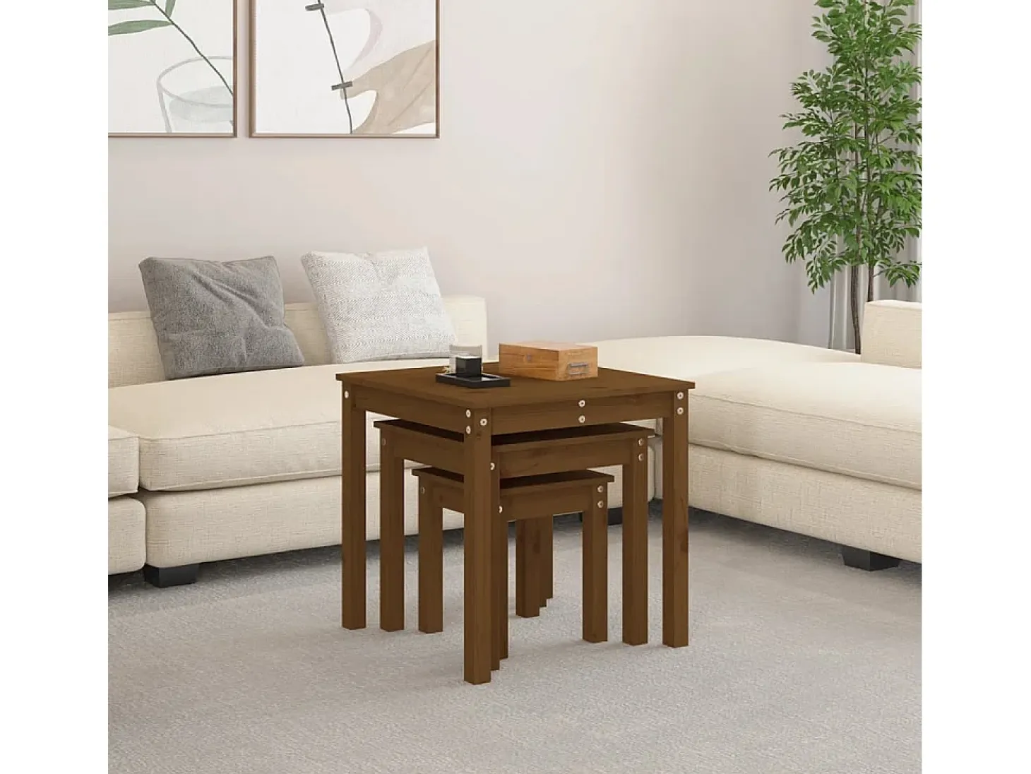Mesas apilables 3 piezas madera maciza de pino marrón miel