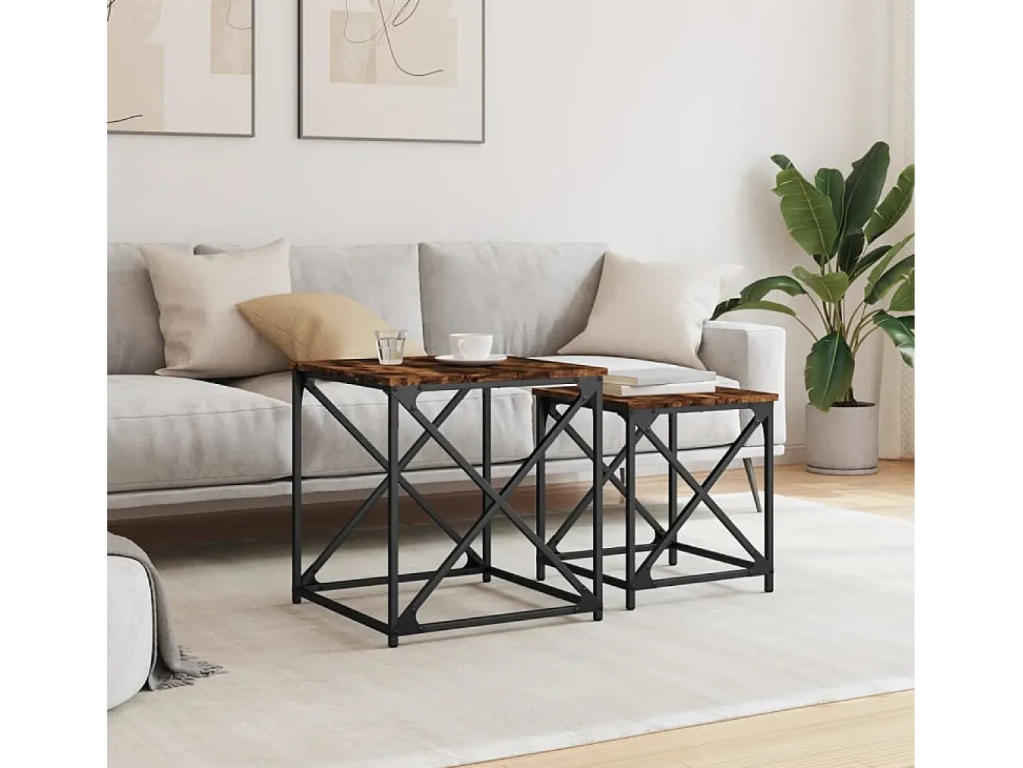 Mesas de centro apilables 2 piezas madera ingeniería roble humo