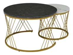 Mesas de centro apilables de madera - Chapa efecto mármol blanco y metal dorado - MDF - para salón - Gris y blanco