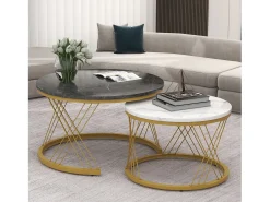 Mesas de centro apilables de madera - Chapa efecto mármol blanco y metal dorado - MDF - para salón - Gris y blanco