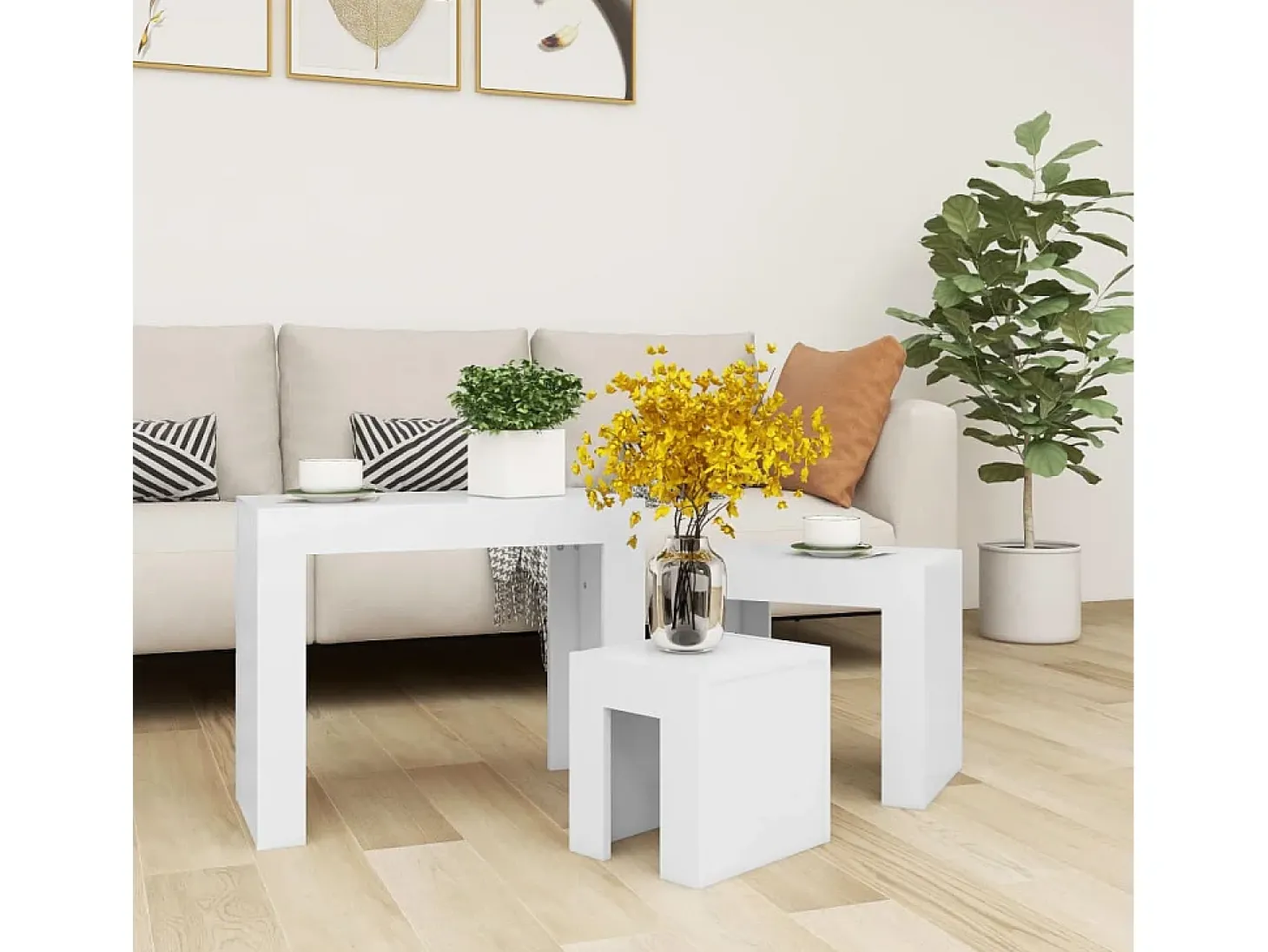 Mesas de centro apilables 3 piezas madera contrachapada blanco