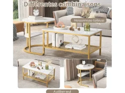 Mesas de centro nido, juego de 2 - Modernas - Estructura de metal dorado y chapa de mármol - Rectangulares - Mesa auxiliar redonda - Para sofá y dormitorio