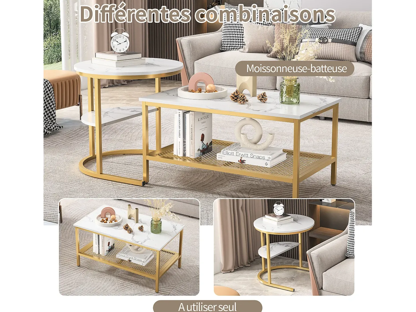 Mesas de centro nido, juego de 2 - Modernas - Estructura de metal dorado y chapa de mármol - Rectangulares - Mesa auxiliar redonda - Para sofá y dormitorio