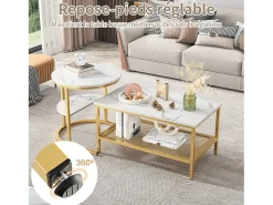 Mesas de centro nido, juego de 2 - Modernas - Estructura de metal dorado y chapa de mármol - Rectangulares - Mesa auxiliar redonda - Para sofá y dormitorio