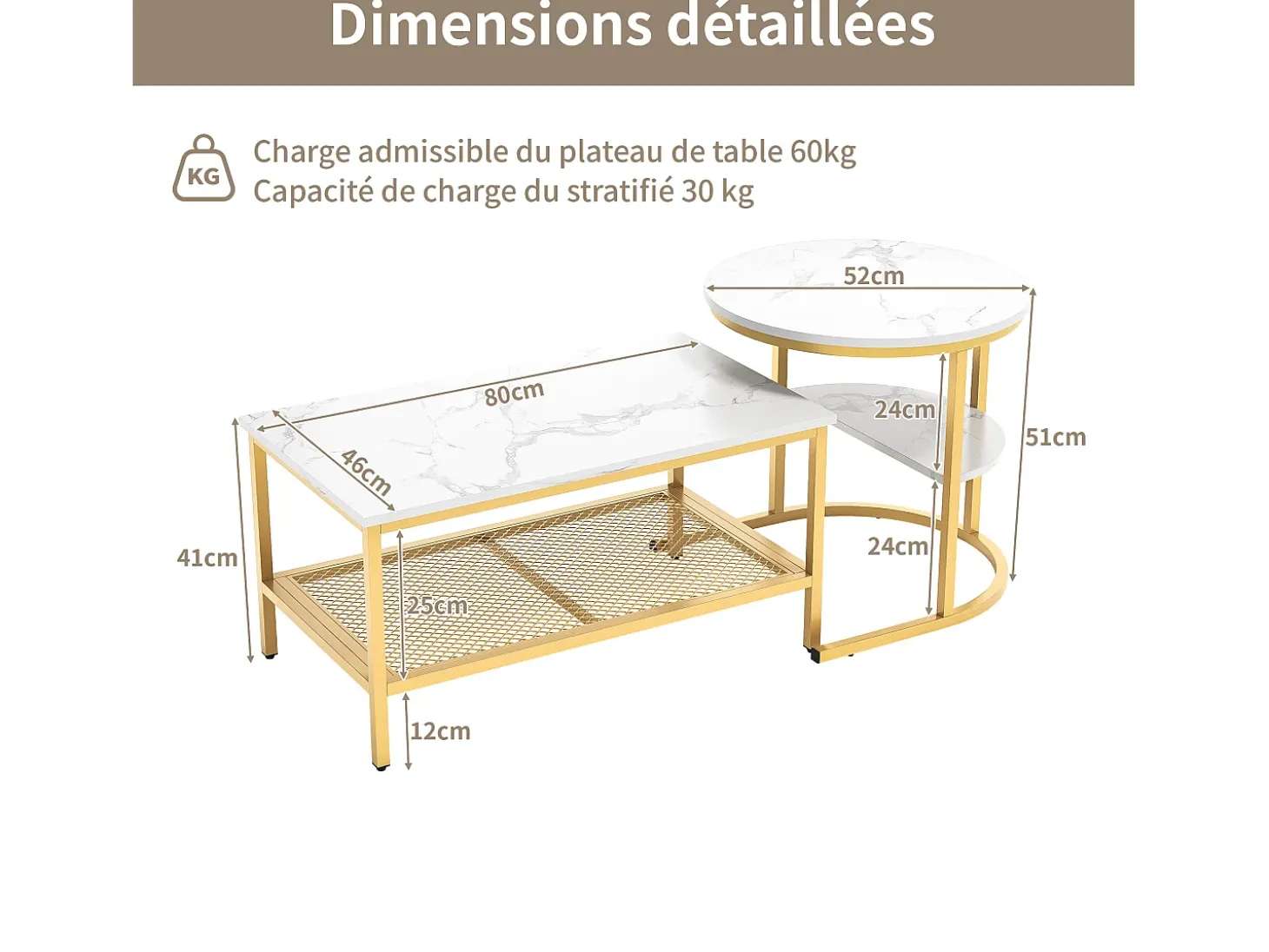 Mesas de centro nido, juego de 2 - Modernas - Estructura de metal dorado y chapa de mármol - Rectangulares - Mesa auxiliar redonda - Para sofá y dormitorio