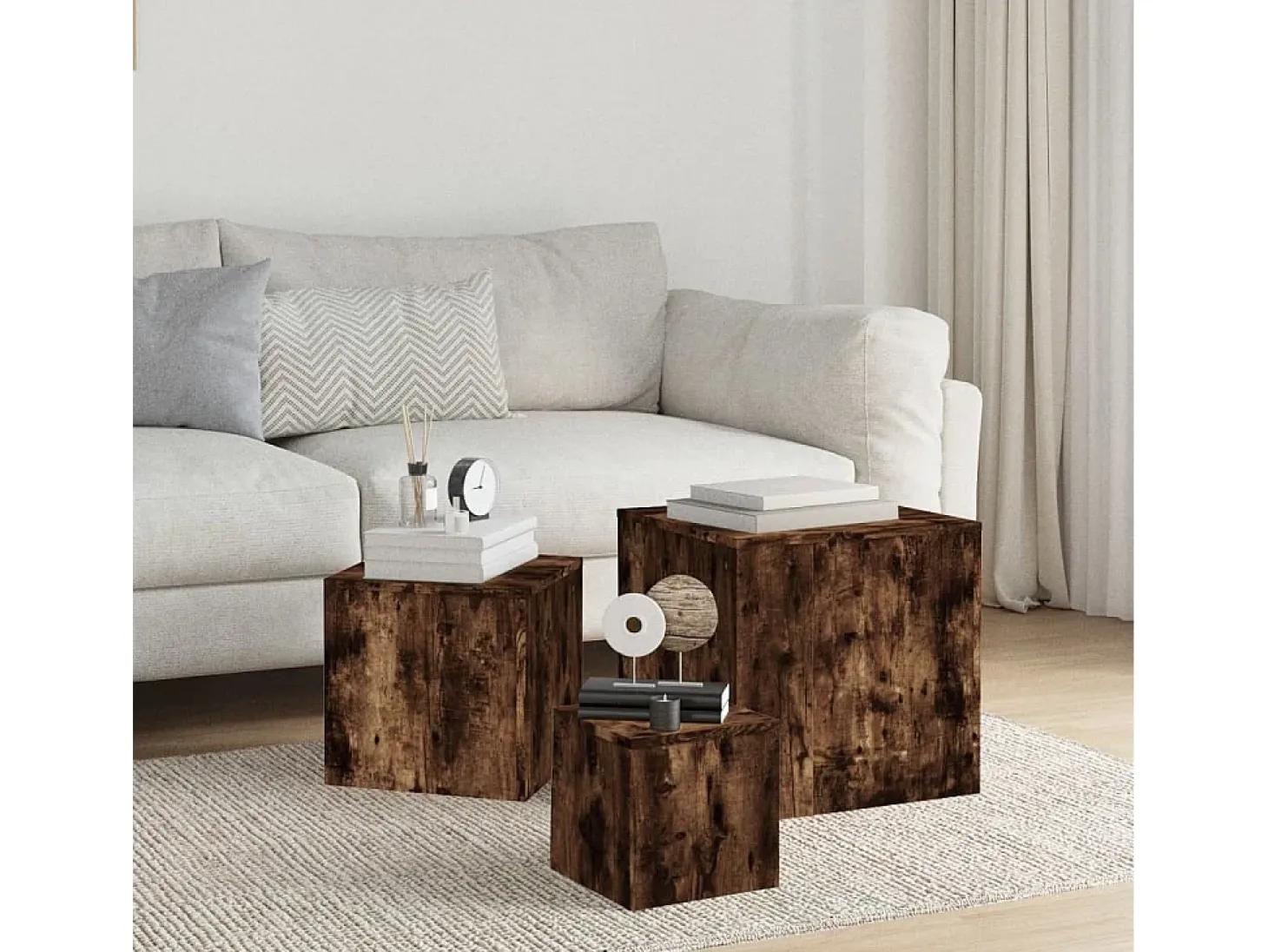 Mesitas auxiliares 3 piezas madera contrachapada roble ahumado
