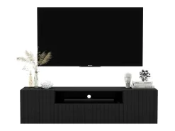 Meuble TV con 3 puertas y hueco abierto - Cuerpo Negro mate, frentes acanalados Negro mate - 150 cm