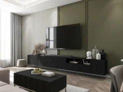 Meuble TV con 3 puertas y hueco abierto - Cuerpo Negro mate, frentes acanalados Negro mate - 150 cm