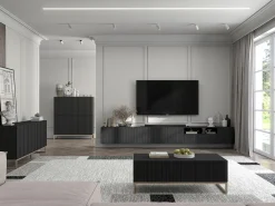 Meuble TV con 3 puertas y hueco abierto - Cuerpo Negro mate, frentes acanalados Negro mate - 150 cm