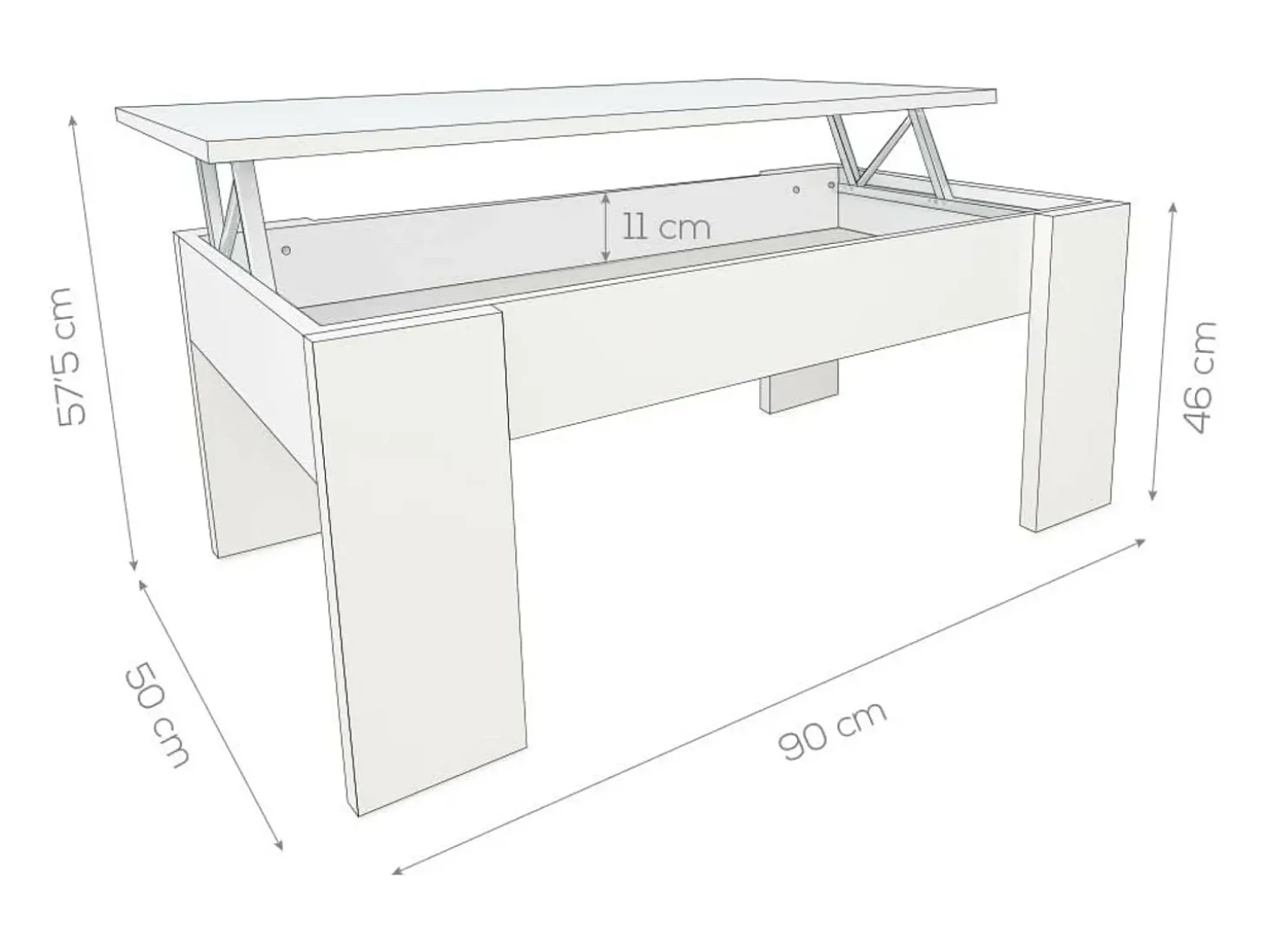 Meyvaser - Mesa de Centro Elevable, Mesita de Sal贸n o Comedor, Acabado en Color Blanco, Medidas: 90 cm (Ancho) x 50 cm (Fondo) x 46-57 cm (Alto)
