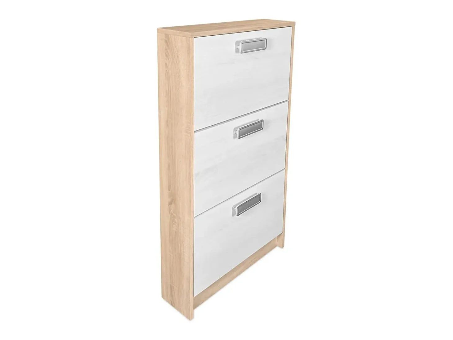 Meyvaser - Zapatero 3 Puertas, Zapatero Estrecho, Acabado en Color Roble y blanco, Medidas: 108 cm (Alto) x 60 cm (Ancho) x 17 cm (Fondo)
