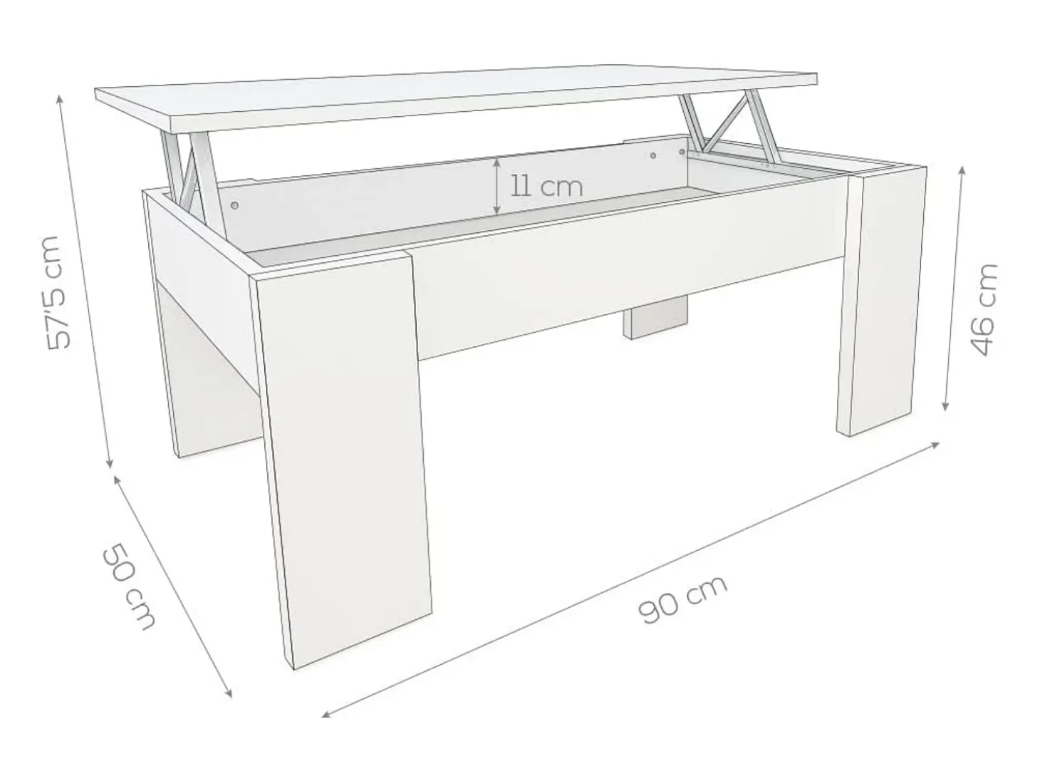 Meyvaser Mesa de Centro Elevable, para Sal贸n o Comedor, Medidas: 90 cm x 50 cm x 46-57 cm, Acabado en Color Madera Blanca con Tapa Gris Piedra