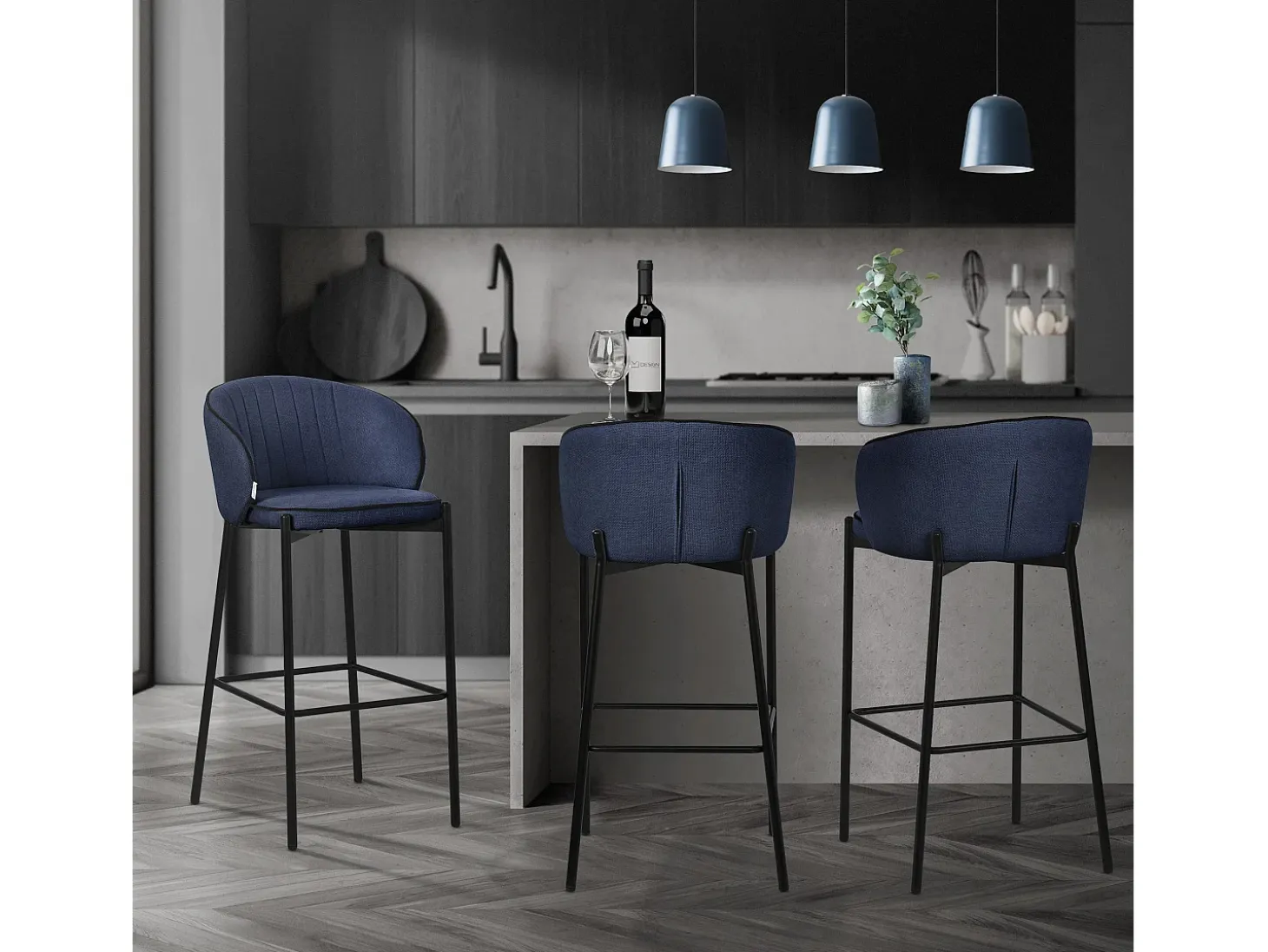 ML-Design 2x Taburetes de bar azul oscuro con tapizado de tela, 76cm sillas con respaldo y reposapíes, estructura metálica sillones para encimera