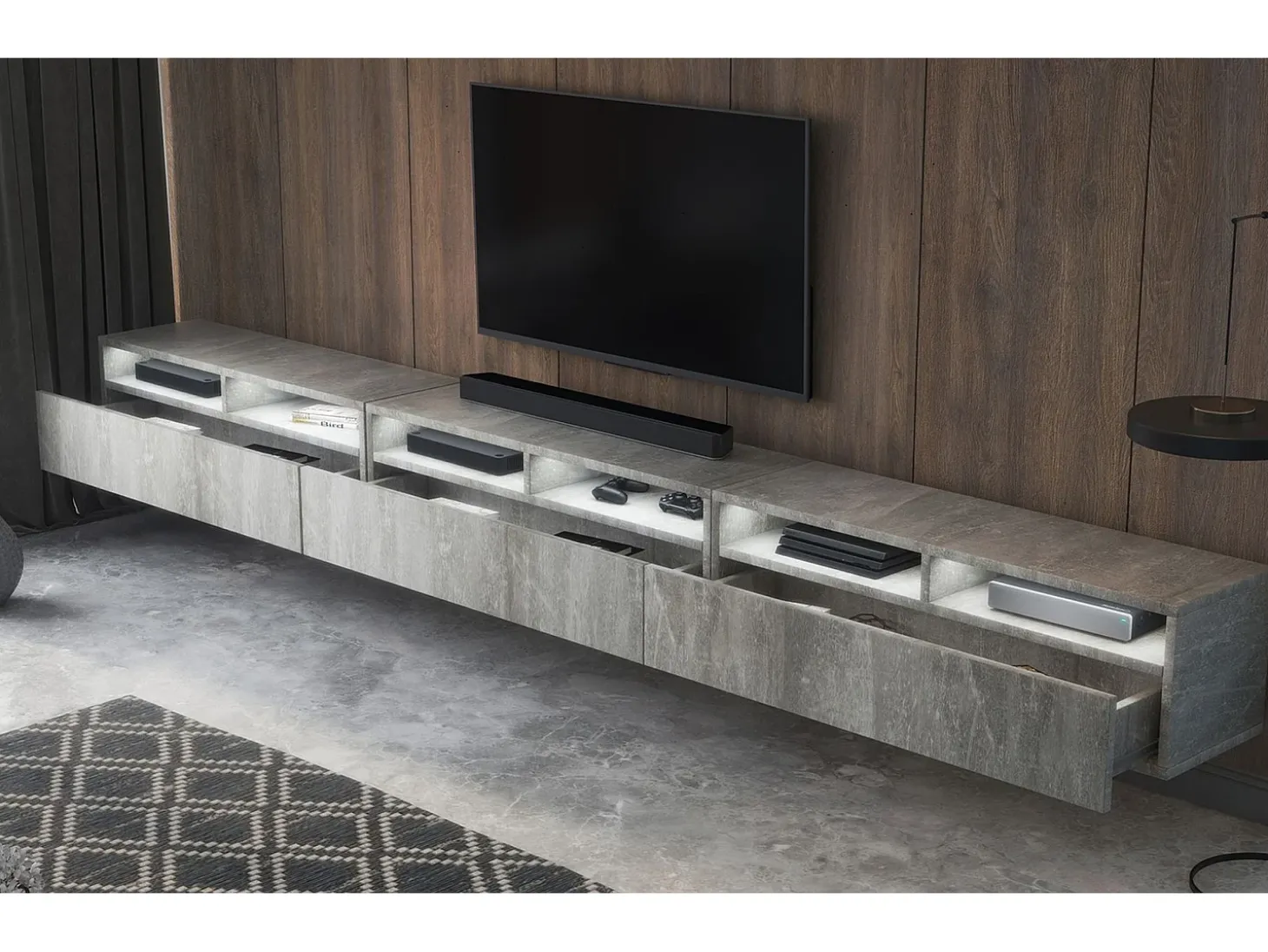 Mobile TV con tre cassetti - effetto cemento con LED - 300 cm - REDNAW