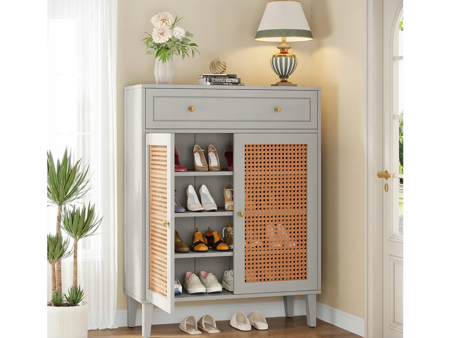 Modern shoe cabinet with doors and drawers, mint green wicker shoe cabinet with adjustable shelf