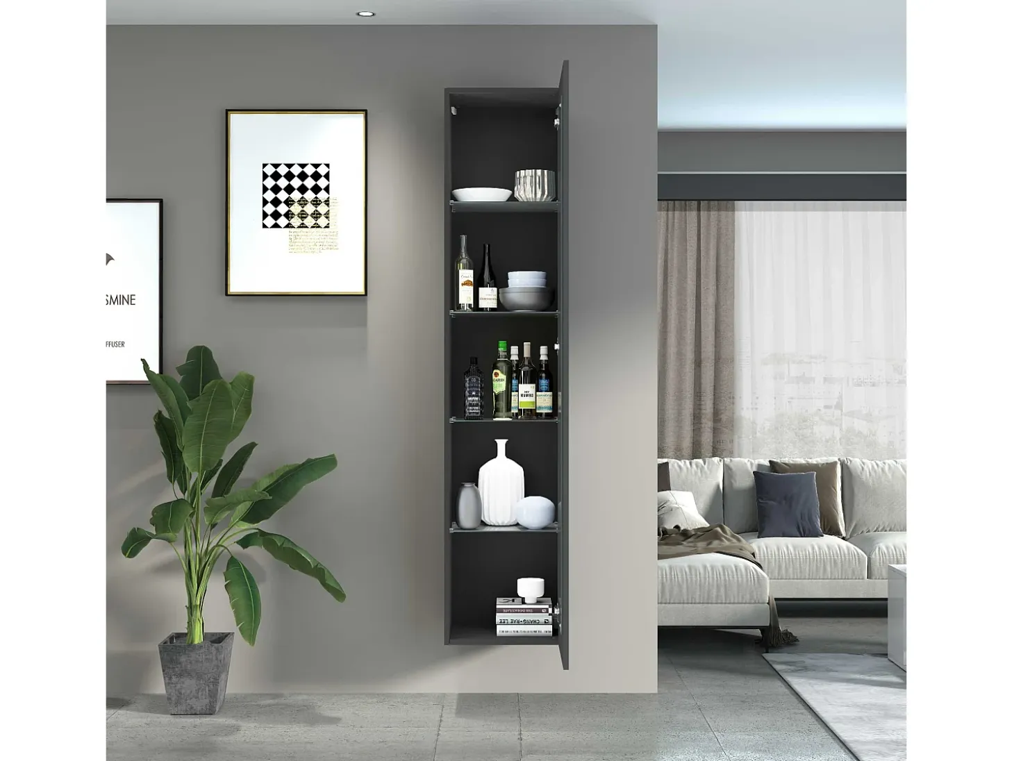 Moderna vitrina de salón negra con puerta 4 estantes de cristal Nota Vidrio