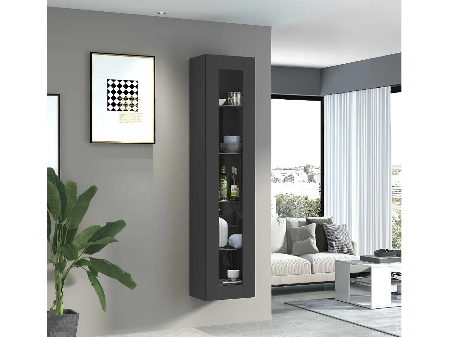 Moderna vitrina de salón negra con puerta 4 estantes de cristal Nota Vidrio