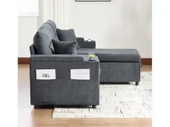 Moderno sofá convertible de 3 plazas en lino con almacenaje, portavasos y puerto USB - Gris
