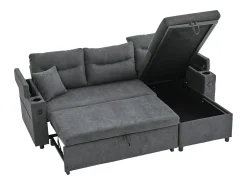 Moderno sofá convertible de 3 plazas en lino con almacenaje, portavasos y puerto USB - Gris