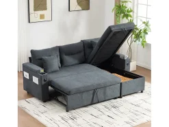Moderno sofá convertible de 3 plazas en lino con almacenaje, portavasos y puerto USB - Gris