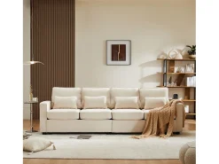 Moderno sofá recto de 4 plazas con bolsillos laterales y cojines - en tejido de lino - mueble de salón - beige