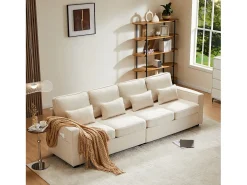 Moderno sofá recto de 4 plazas con bolsillos laterales y cojines - en tejido de lino - mueble de salón - beige