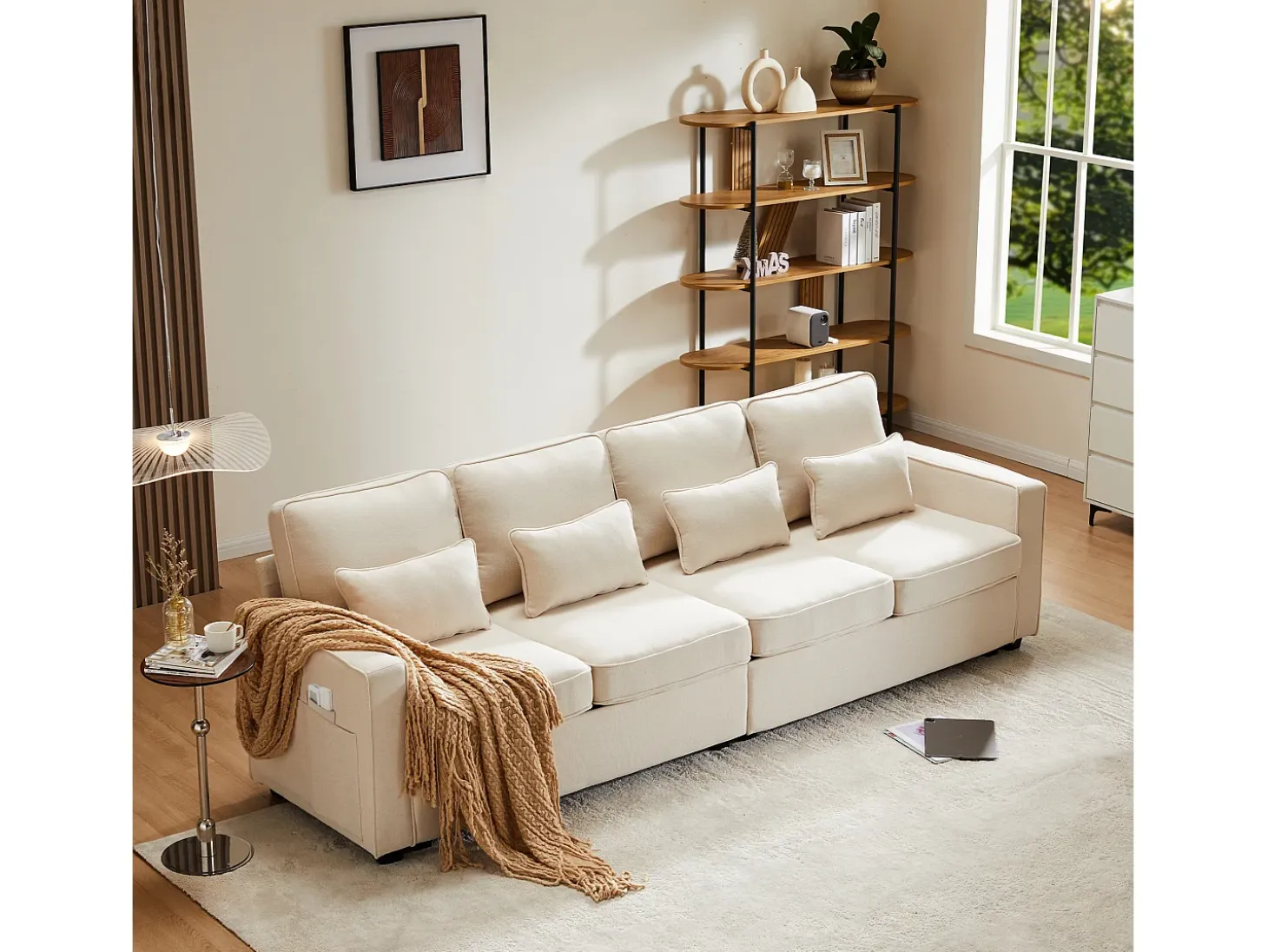 Moderno sofá recto de 4 plazas con bolsillos laterales y cojines - en tejido de lino - mueble de salón - beige