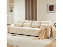 Moderno sofá recto de 4 plazas con bolsillos laterales y cojines - en tejido de lino - mueble de salón - beige