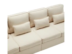 Moderno sofá recto de 4 plazas con bolsillos laterales y cojines - en tejido de lino - mueble de salón - beige