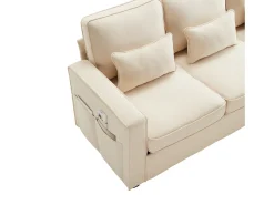 Moderno sofá recto de 4 plazas con bolsillos laterales y cojines - en tejido de lino - mueble de salón - beige