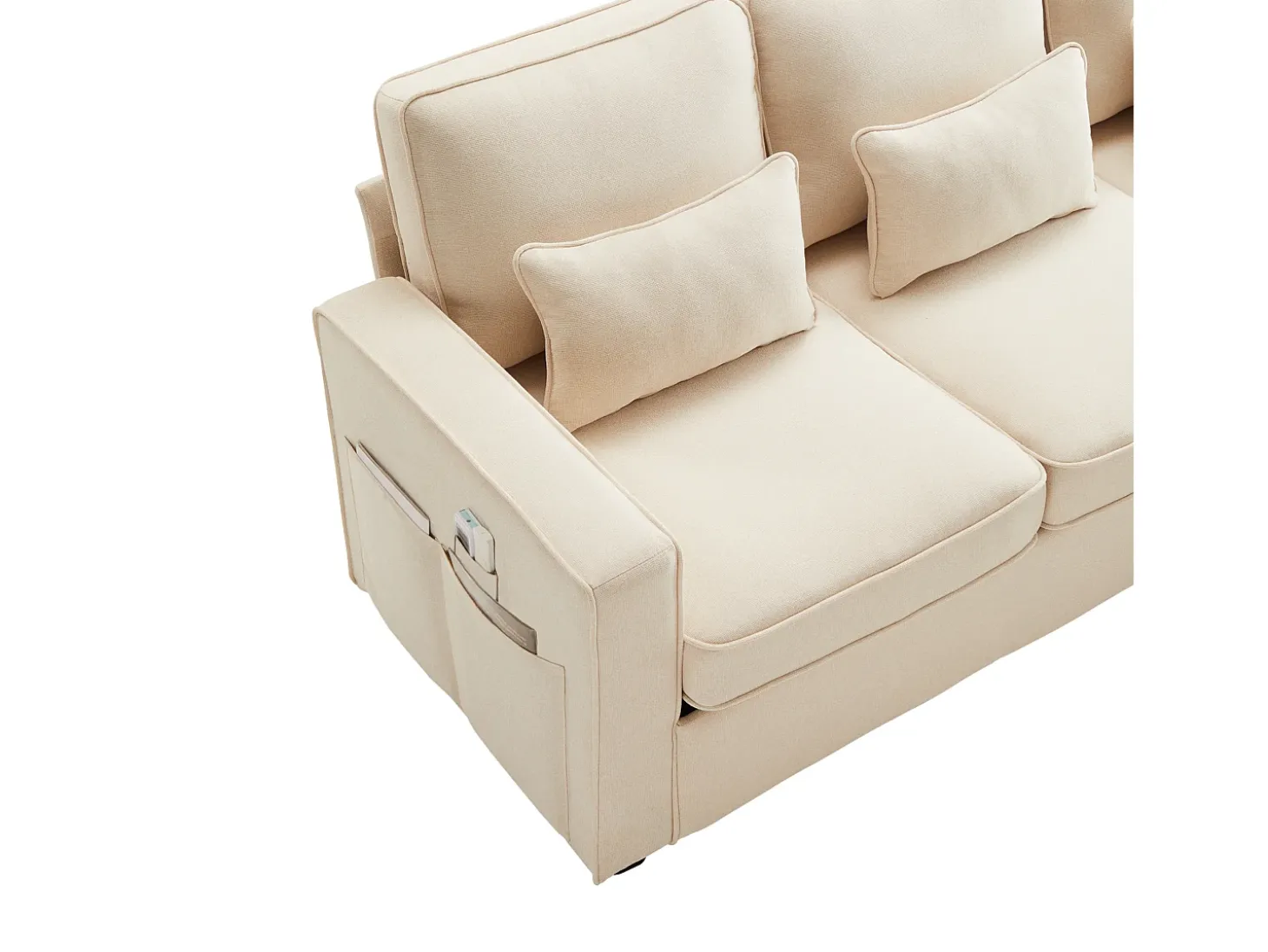 Moderno sofá recto de 4 plazas con bolsillos laterales y cojines - en tejido de lino - mueble de salón - beige
