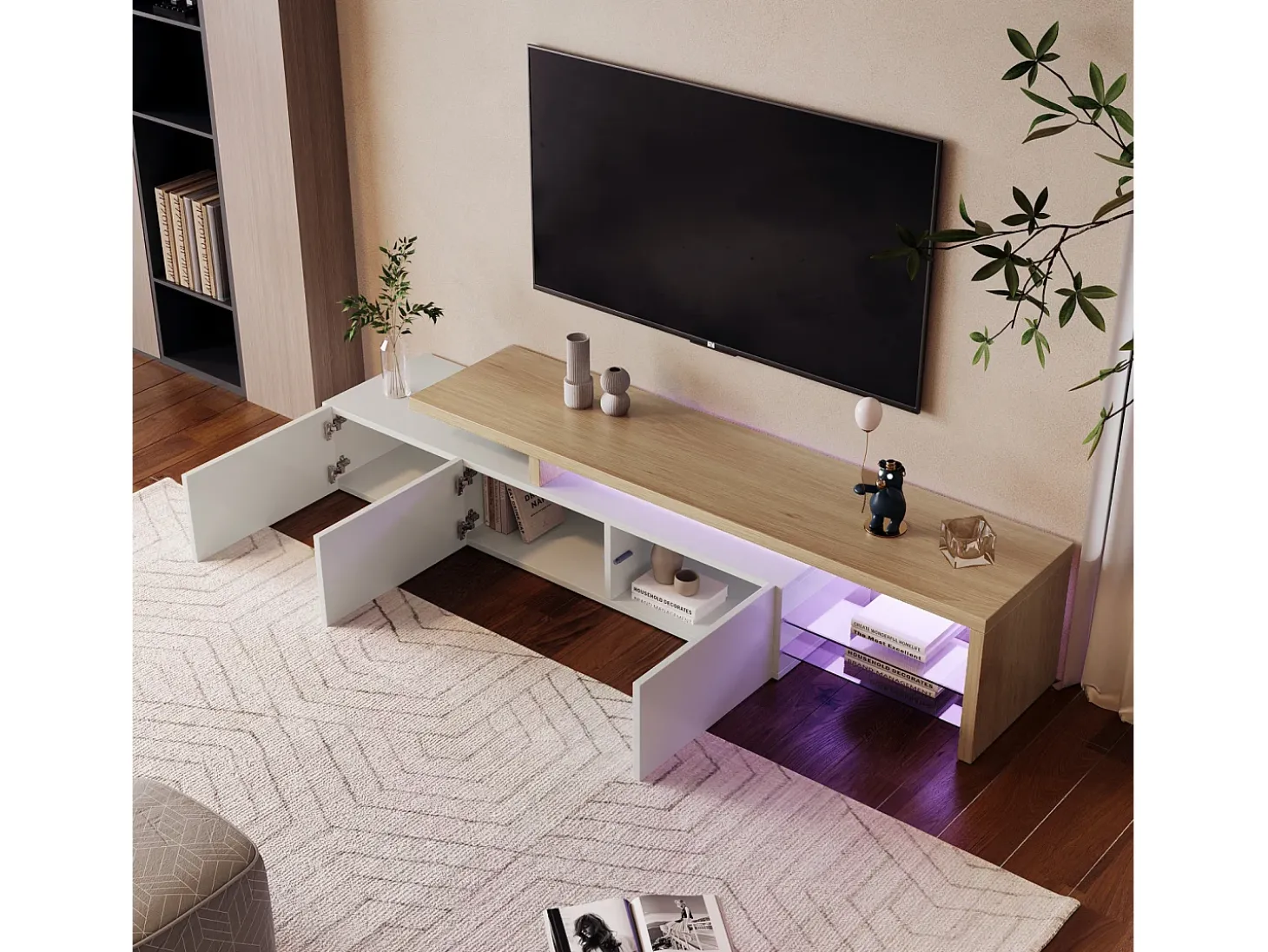 Moderno soporte para TV LED en blanco y roble, 200 cm, con cargador europeo