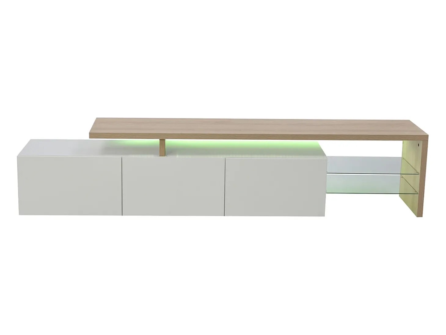 Moderno soporte para TV LED en blanco y roble, 200 cm, con cargador europeo