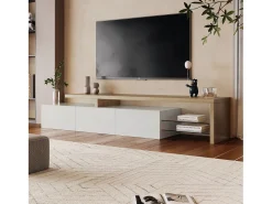 Moderno soporte para TV LED en blanco y roble, 200 cm, con cargador europeo