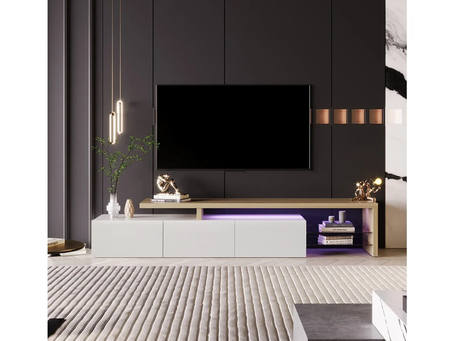 Moderno soporte para TV LED en blanco y roble, 200 cm, con cargador europeo