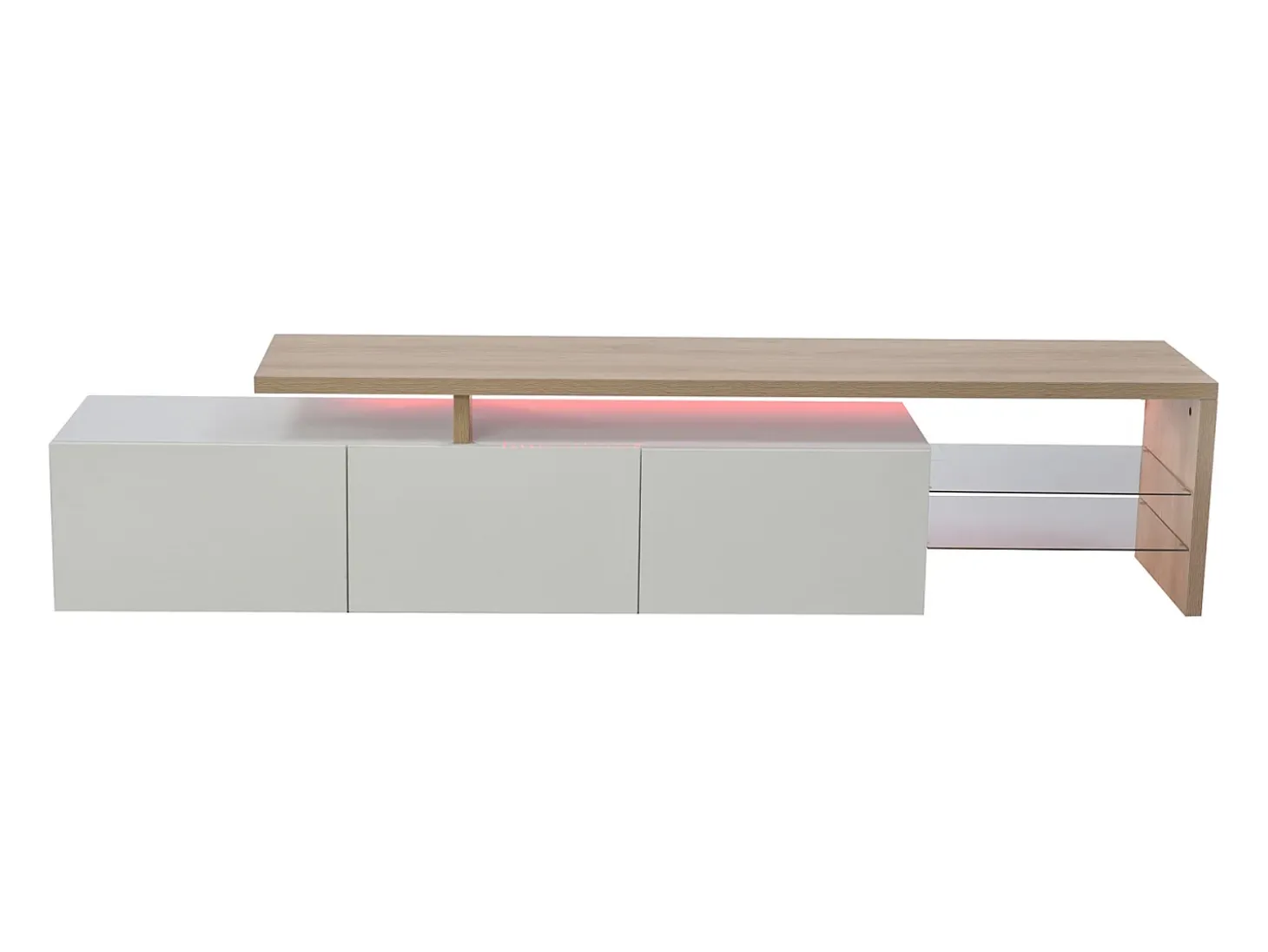 Moderno soporte para TV LED en blanco y roble, 200 cm, con cargador europeo