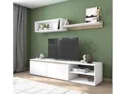 Modulo TV Salón Comedor Nórdico Blanco Mate y Roble Sahara 160 cm