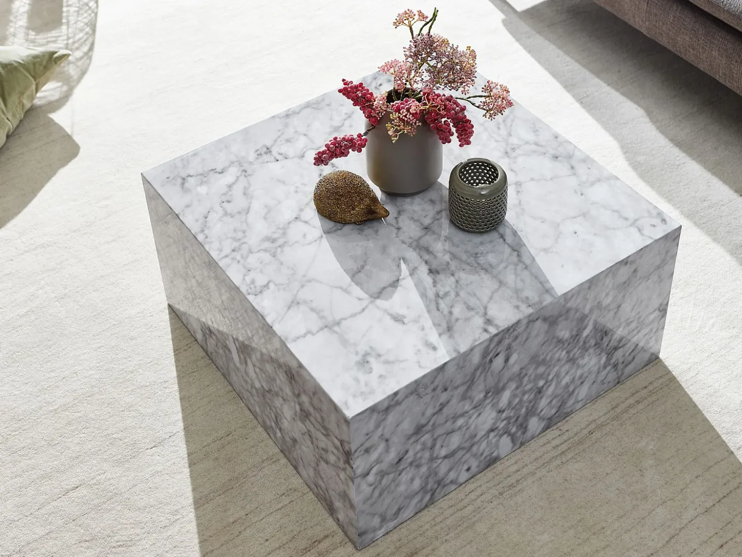 MONOBLOC 60x30x60 cm alto brillo con aspecto mármol blanco | Mesa de salón de diseño Cube square | Forma de cubo de la mesa auxiliar del salón