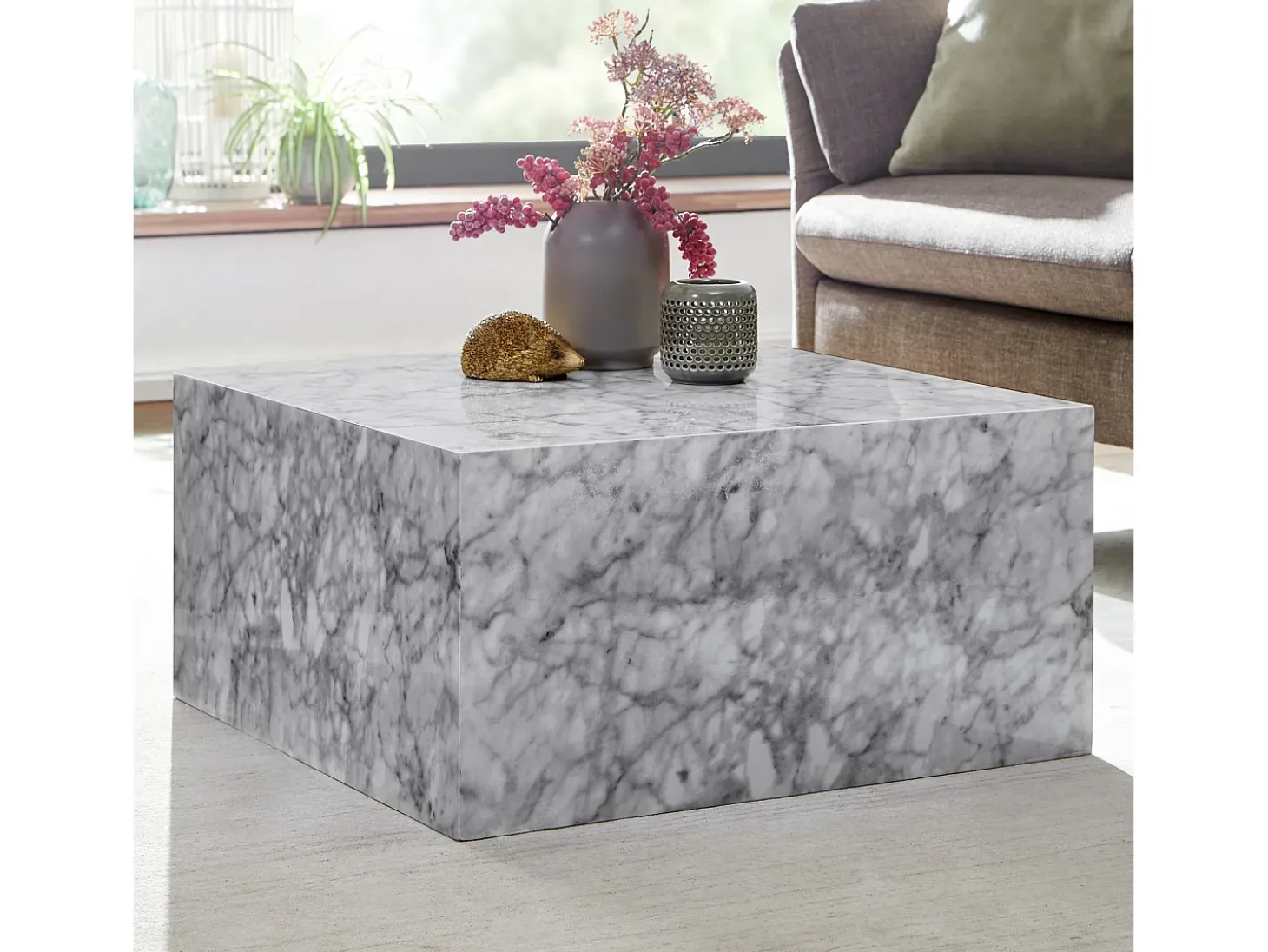 MONOBLOC 60x30x60 cm alto brillo con aspecto mármol blanco | Mesa de salón de diseño Cube square | Forma de cubo de la mesa auxiliar del salón