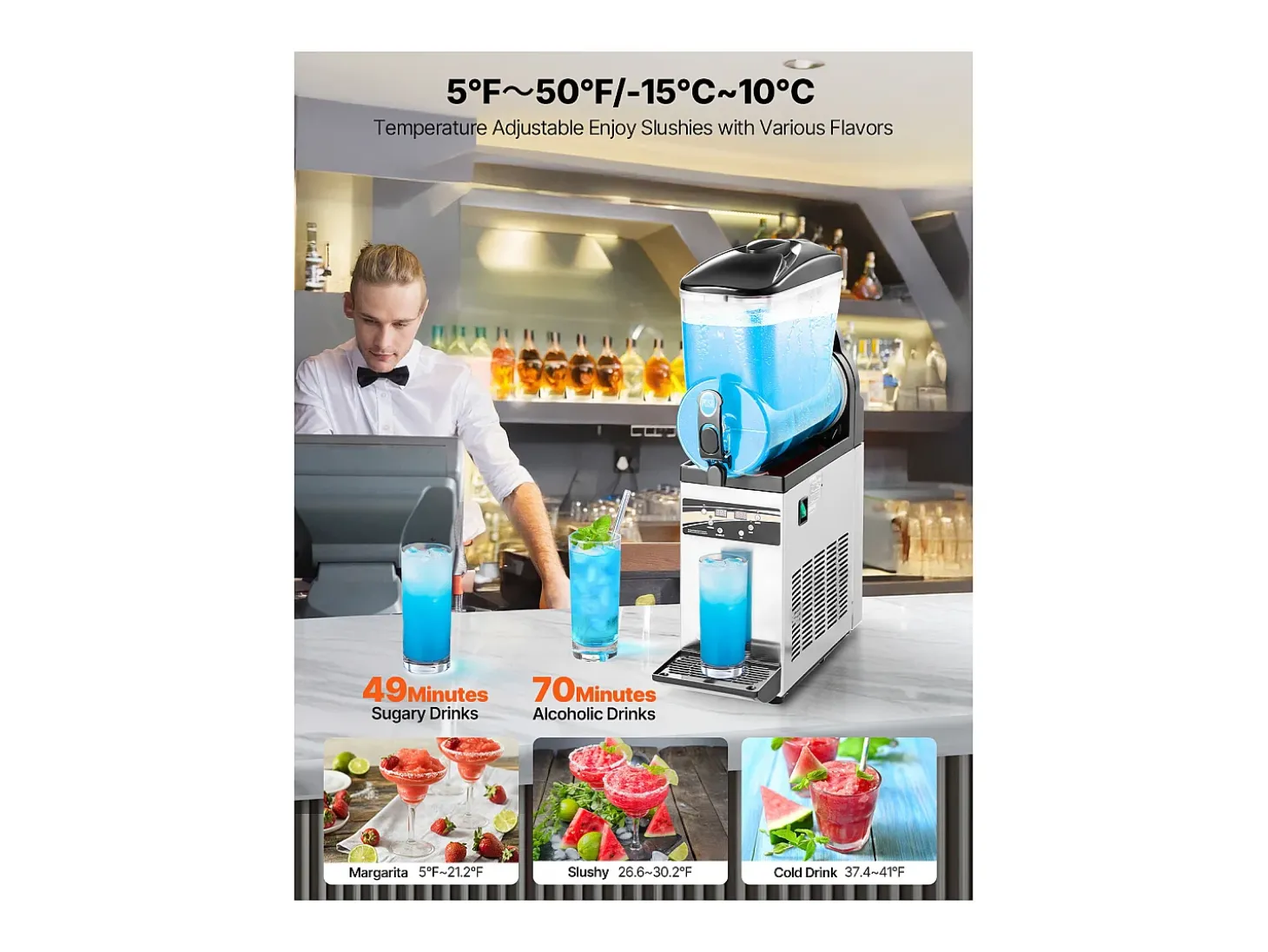 Máquina de Granito SucceBuy, Depósito Único de 15 L, Acero Inoxidable, Distribuidor de Bebidas Heladas, para Hogar, Restaurantes, Cafés, Bares