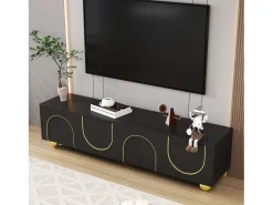 Mueble bajo para TV con puertas texturizadas - 170 x 38 x 44 cm - con patas redondas doradas - tablero de partículas - negro