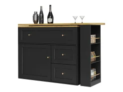 Mueble bar extensible - 138-204 x 39 x 105 cm - con estante snack + 2 cajones + 2 puertas - MDF + Metal - negro