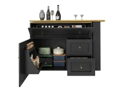 Mueble bar extensible - 138-204 x 39 x 105 cm - con estante snack + 2 cajones + 2 puertas - MDF + Metal - negro