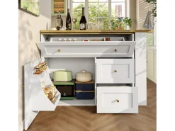 Mueble bar extensible - 138-204 x 39 x 105 cm - con estante snack + 2 cajones + 2 puertas - MDF + Metal - blanco