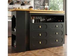 Mueble bar extensible con rotación de 360° - Longitud ajustable - con 6 cajones - MDF - negro