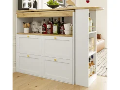 Mueble bar giratorio 360° - 204 x 39 x 104 cm - con 4 cajones + estantes abiertos - MDF - blanco
