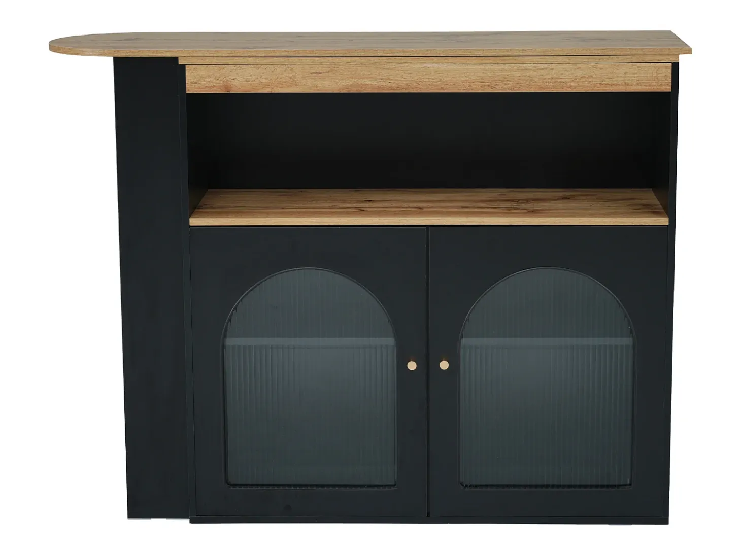 Mueble bar giratorio - 2 puertas, 3 estantes de almacenamiento y nicho - Tapa efecto madera MDF - LED - Natural y negro