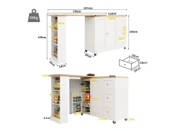 Mueble bar giratorio - 2 puertas, 2 cajones y estantes de almacenaje - 138/209 x 39 x 104 cm - Madera MDF y cristal - Blanco + natural