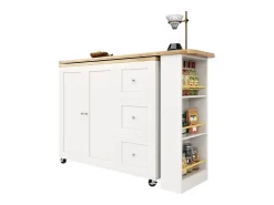 Mueble bar giratorio - 2 puertas, 2 cajones y estantes de almacenaje - 138/209 x 39 x 104 cm - Madera MDF y cristal - Blanco + natural